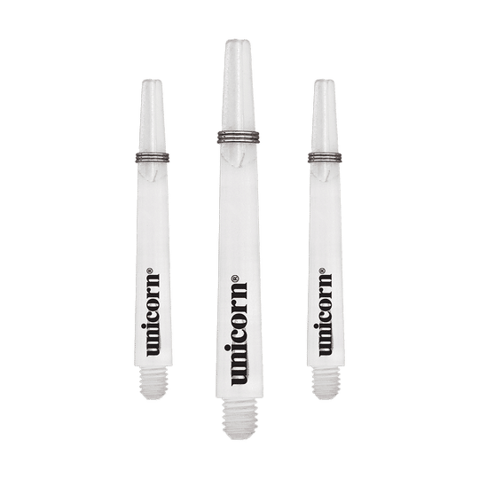 Das Bild zeigt drei transparente Unicorn Gripper 3 Mirage Shafts mit einer Länge von 44,2 mm. Auf jedem Schaft steht das Wort "unicorn" in schwarzer Schrift.