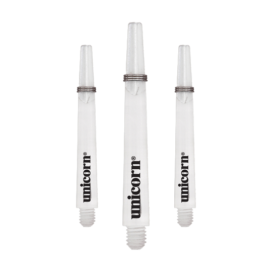 Unicorn Gripper 3 Mirage Shafts - Transparant - 44,2 mm Das Bild zeigt drei transparente Unicorn Gripper 3 Mirage Shafts mit einer Länge von 44,2 mm. Auf jedem Schaft steht das Wort "unicorn" in schwarzer Schrift.