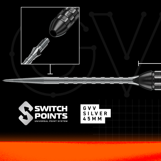 Winmau Gian Van Veen TS-PRO Schakelpunt Steeldarts Das Bild zeigt die Winmau Gian Van Veen TS-PRO Switch Point Steeldarts. Die Darts liegen parallel zueinander und sind komplett zu sehen.