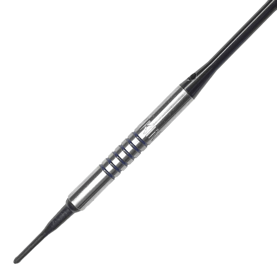 McDart 85 Tungsten V19 zachte dartpijlen - 16,5 g Dies ist ein McDart 85er Tungsten V19 Softdart mit einem Gewicht von 16,5g. Der Dart hat einen silbernen Barrel mit schwarzen Rillen und einer schwarzen Spitze.
