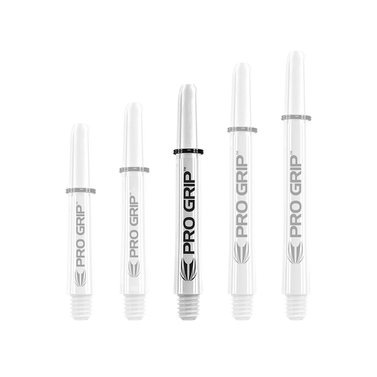 Target Pro Grip Shafts - 3 sets - Wit Das Bild zeigt fünf weiße Dartschäfte mit der Aufschrift "PRO GRIP". Sie sind in einer Reihe nach ihrer Länge sortiert.