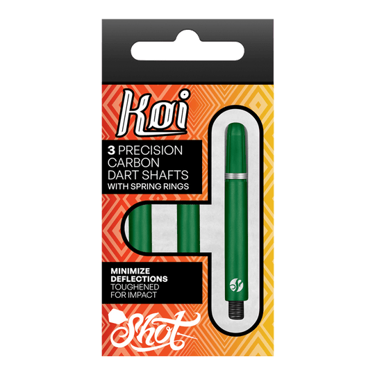 Shot Koi Carbon Shafts - Groen Die Verpackung zeigt drei grüne Präzisions-Carbon-Dartschäfte mit Federringen der Marke Koi. Sie sind darauf ausgelegt, Ablenkungen zu minimieren und sind für hohe Belastungen verstärkt.
