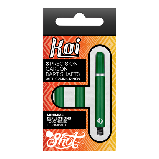 Shot Koi Carbon Shafts - Groen Vier Dart-Schäfte sind aufgereiht. Die Details der Schäfte sind klar und deutlich.