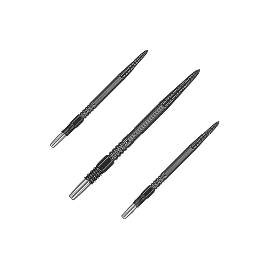 Target Swiss Point DX darttips - Zwart Das Bild zeigt drei schwarze Dartspitzen, die nebeneinander angeordnet sind. Sie haben ein geriffeltes Design und eine spitze Form.