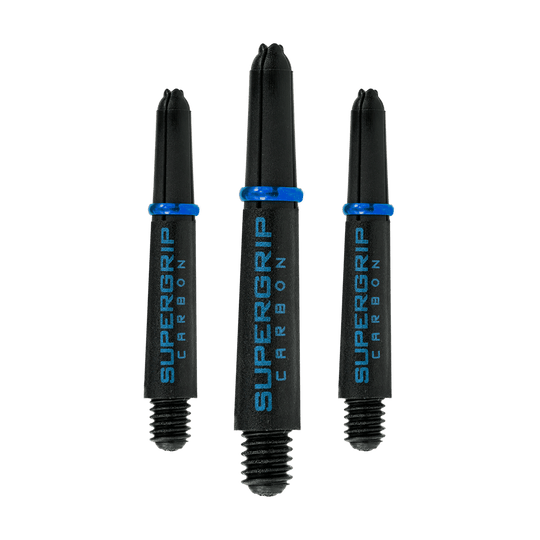 HR363_Harrows_Supergrip_Carbon_Shafts_Aqua_33mm_1wR71flaYlFaPR Das Bild zeigt drei Harrows Supergrip Carbon Shafts in der Farbe Aqua. Die Dartschäfte sind schwarz mit blauer Aufschrift und einem blauen Ring.