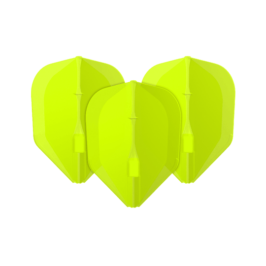 L-L-Style3EZ-vluchten Das Bild zeigt drei neon-gelbe Dartflights. Sie stehen nebeneinander und haben eine klassische Pfeilform.