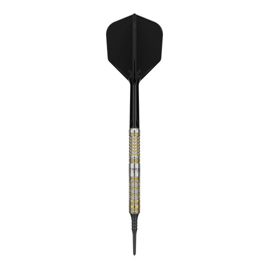Auf dem Bild ist ein Softdartpfeil des Modells "Target Japan Black Marque Reyn GEN2 Softdarts - 17,5g" zu sehen. Er hat eine silberne und goldene Griffzone sowie schwarze Flights und Spitze.