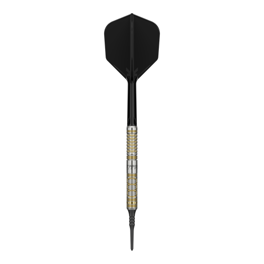 Target Japan Black Marque Reyn GEN2 Soft Darts - 17,5 g Auf dem Bild ist ein Softdartpfeil des Modells "Target Japan Black Marque Reyn GEN2 Softdarts - 17,5g" zu sehen. Er hat eine silberne und goldene Griffzone sowie schwarze Flights und Spitze.