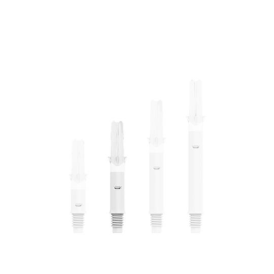 L-L-Style-Shafts Silent Straight - Wit Auf dem Bild sind vier weiße Dartschäfte in unterschiedlichen Längen zu sehen. Sie stehen nebeneinander aufrecht auf gereiht.