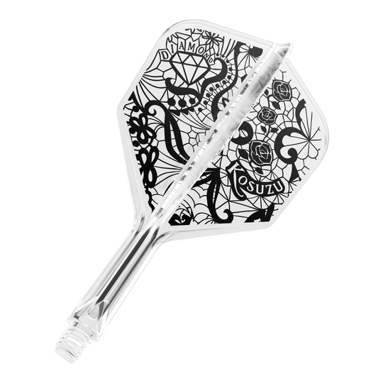 Target Japan K-Flex Diamond No6 Flight Shaft-systeem Dies ist ein klarer Dartflight mit einem schwarzen, kunstvollen Design, das Rosen, ein Diamant und Netzmuster zeigt. Das System ist einteilig und hat ein Schraubgewinde am Ende.