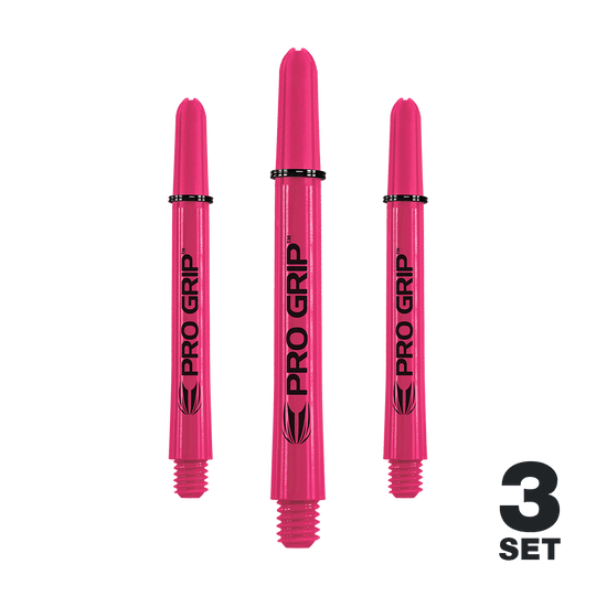 Target Pro Grip Shafts - 3 sets - Roze Das Bild zeigt drei pinke Pro Grip Shafts für Dartpfeile. In der rechten unteren Ecke steht "3 SET".