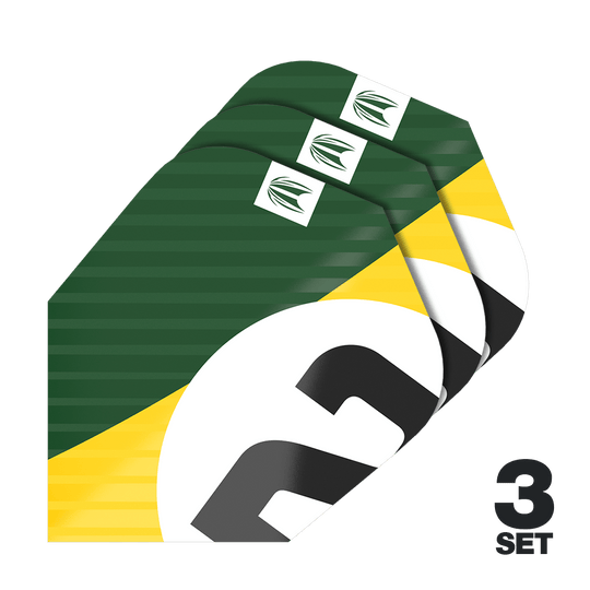 Target Pro Ultra Chicane Groen Ten-X Flights - 3 sets Das Bild zeigt drei Dart-Flights im grünen, gelben und weißen Design. Unten rechts steht "3 SET", was auf drei Sets hinweist.