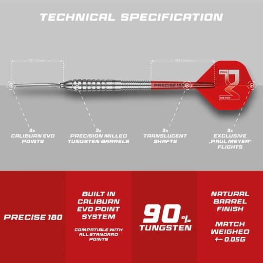 Precise 180 Paul Meyer Version 1 stalen dartpijlen Dieses Bild zeigt die Precise 180 Paul Meyer Version 1 Steeldarts. Das Produkt bietet eine hohe Qualität für Dartspieler.
