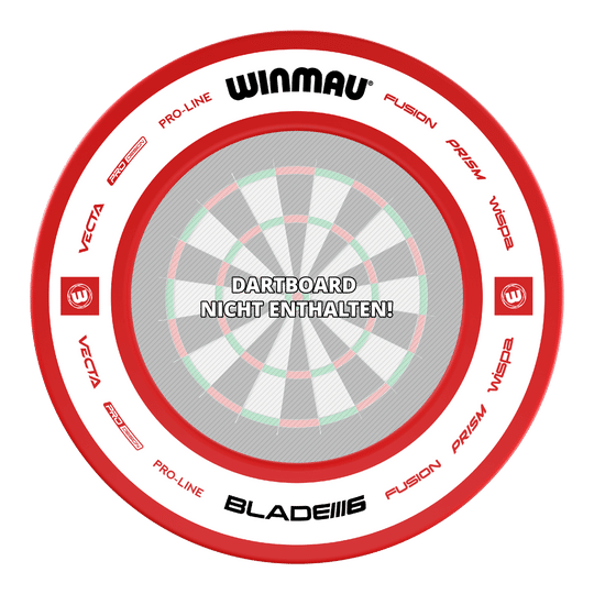 Das Bild zeigt das Produkt "Winmau Pro-Line 2.0 Dartboard Surround" in Rot. In der Mitte steht der Hinweis: "Dartboard nicht enthalten!"