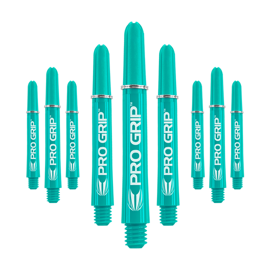 Target Pro Grip Shafts - 3 sets - Aqua Das Bild zeigt neun aqua-farbene Dartschäfte mit der Aufschrift "PRO GRIP". Sie sind in drei Reihen angeordnet und haben ein einheitliches Design.