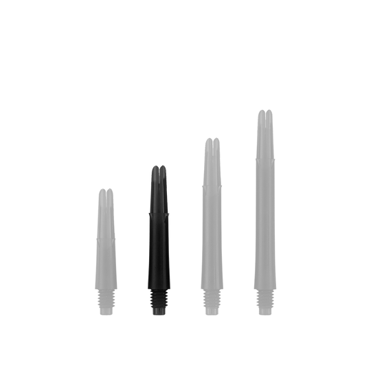 L-L-Style-Shafts Locked Straight - Zwart Auf dem Bild sind vier schwarze, gerade Dartschäfte in unterschiedlichen Längen zu sehen. Sie stehen nebeneinander aufrecht vor weißem Hintergrund.