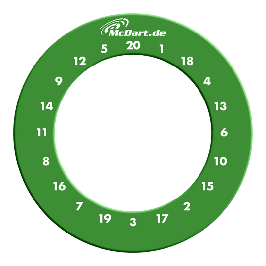 McDart HD Zahlen Surround Das Bild zeigt einen grünen Dartboard-Surround-Ring mit weißen Zahlen von 1 bis 20. Oben auf dem Ring steht die Internetadresse "McDart.de".