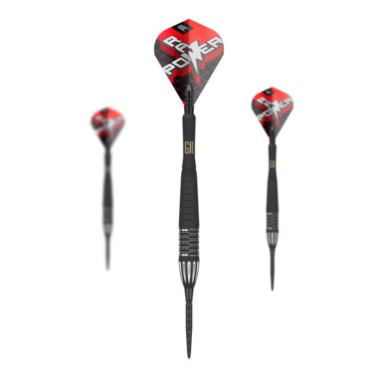 Das Bild zeigt drei Steeldarts des Modells "Target Phil Taylor RAW Power 9Five GEN11 Swiss Point". Die Darts haben schwarze Schäfte und rote Flights mit der Aufschrift "POWER".