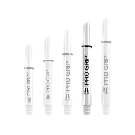 Target Pro Grip Shafts - 3 sets - Wit Auf dem Bild sind fünf weiße Pro Grip Shafts für Dartpfeile in unterschiedlicher Länge zu sehen. Sie sind mit dem Schriftzug "PRO GRIP" und einem schwarzen Ring versehen.