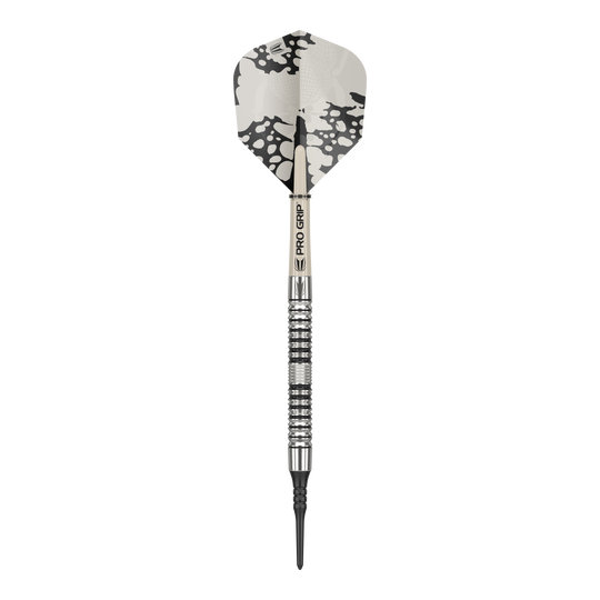 Target EXO 10 Zachte Darts Das Bild zeigt einen Target EXO 10 Softdart. Der Dart hat ein silbernes und schwarzes Design mit einem gemusterten Flight.
