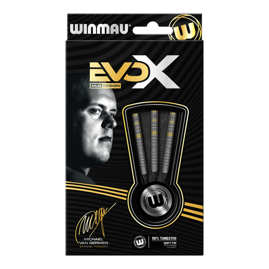 Winmau Michael Van Gerwen Evo-X zachte dartpijlen - 20g Die Abbildung zeigt die Verpackung der "Winmau Michael Van Gerwen Evo-X Softdarts - 20g". Auf der Vorderseite sind drei Softdarts sowie ein Porträt von Michael Van Gerwen zu sehen.