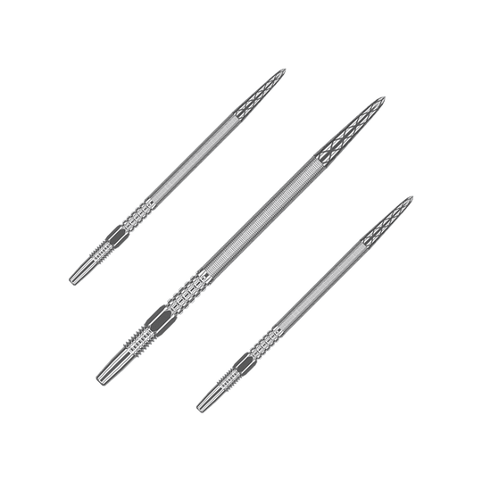 Target Swiss Point DX darttips - Zilver Das Bild zeigt drei silberne Dartspitzen, die nebeneinander angeordnet sind. Sie haben eine geriffelte Struktur und eine spitz zulaufende Form.