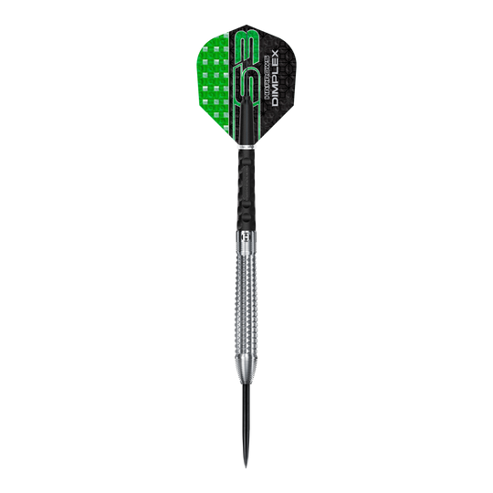 Harrows Dimplex S3 taps toelopende stalen darts Auf dem Bild ist ein Harrows Dimplex S3 Tapered Steeldart zu sehen. Der Dartpfeil hat eine silberne, geriffelte Spitze und grün-schwarze Flights.