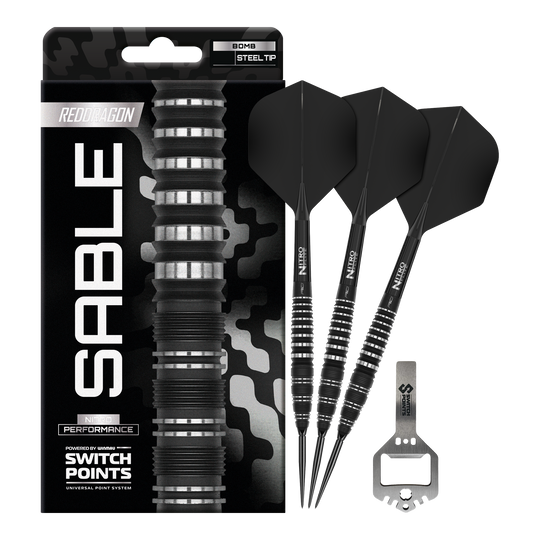 Red Dragon Sable Bom Schakelpunt Stalen Darts Das Bild zeigt Red Dragon Sable Bomb Switch Point Steeldarts in voller Ansicht. Diese Darts bieten eine ausgezeichnete Balance und Kontrolle.