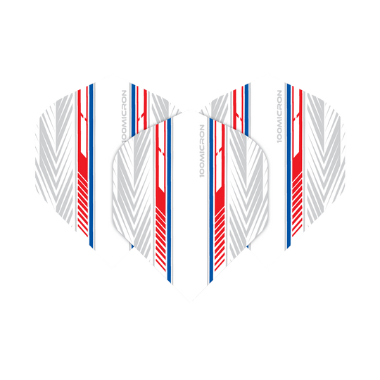 Pentathlon Vluchten wit/rood/blauw Das Bild zeigt die "Pentathlon White Red Blue No2 Standard Flights". Die Flights sind überwiegend weiß mit roten, blauen und grauen Linienmustern.