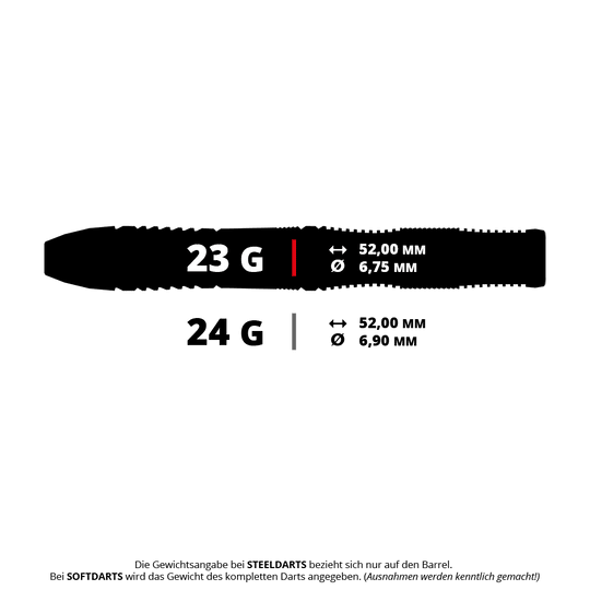 Darstellung eines Target Japan Mizu Series 02 SP Steeldarts, 23g. Der Pfeil ist deutlich und aus der Seite zu sehen.