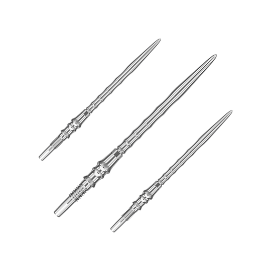 Dieses Bild zeigt ein Set silberner SwissPoint-Dartspitzen mit 40 mm Länge. Die Dartspitzen sind aus der Target Japan Premium Linie.