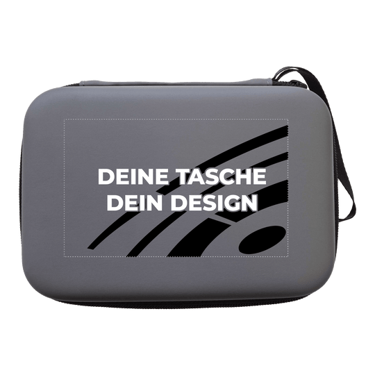 System-4 dartkoffer met jouw ontwerp Das Foto zeigt ein McDart System4 Dartcase in Grau. Das Etui ist teilweise geöffnet und gibt einen Einblick ins Innere.