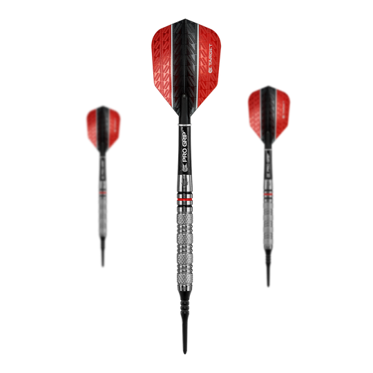 Das Bild zeigt drei Softdarts des Modells "Target Vapor8 01" mit einem Gewicht von 18g. Die Darts haben rote Flights und einen silber-schwarzen Schaft mit Grip.
