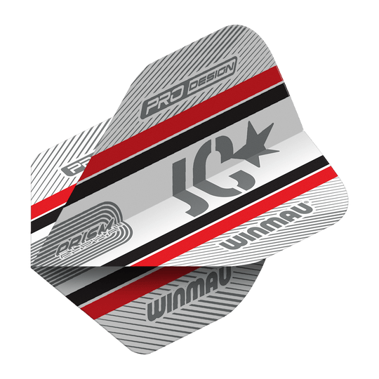 Winmau Alpha Joe Cullen Cullen 85 Standaardvluchten Das Bild zeigt die Winmau Alpha Joe Cullen 85 Standard Flights für Darts. Das Design ist in Silber, Rot, Schwarz und Weiß gehalten und trägt die Logos "Winmau" und "JC".