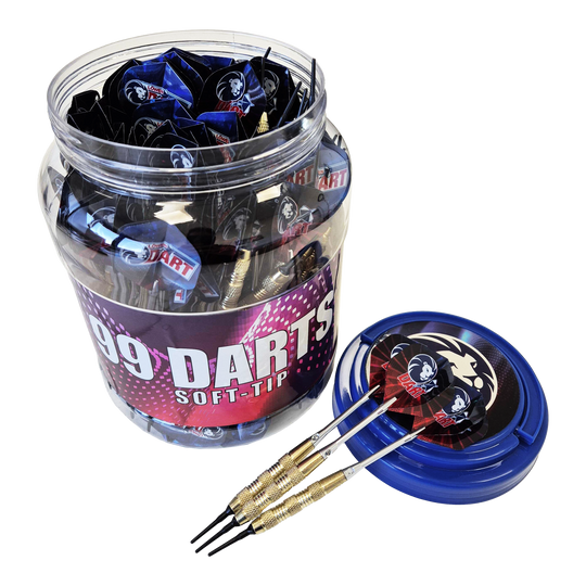 99 Löwen softtip-pijltjes - 18 g Das Bild zeigt eine große Dose mit der Aufschrift „99 DARTS SOFT-TIP“, die viele Soft-Tip-Darts enthält. Drei der 18g Darts liegen auf dem blauen Deckel neben der Dose.