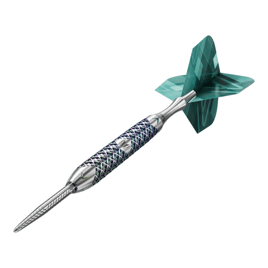 Target Rove 01 Swiss Point stalen dartpijlen Das Bild zeigt einen Target Rove 01 Swiss Point Steeldart mit silbernem Schaft und blau-grünen Akzenten. Am hinteren Ende befindet sich eine grün gemusterte Dartflügel.