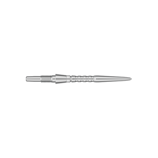 Das Bild zeigt eine silberne Steeldartspitze mit feinen Rillen und einem spitzen Ende. Die Spitze ist schlank und hat eine Länge von 26 mm.