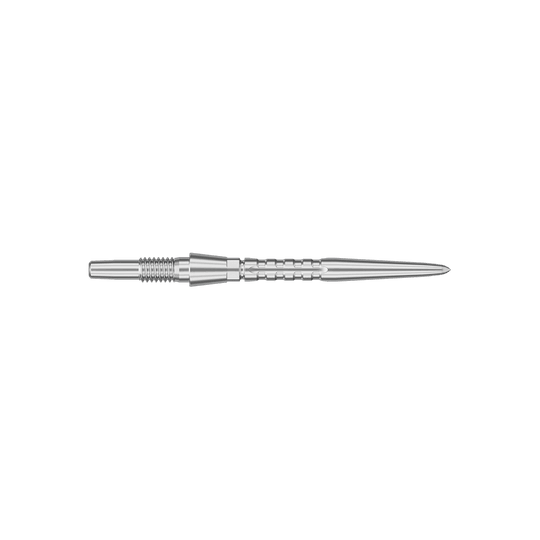 Target Swiss Point Storm Surge stalen dartpunten - zilver Das Bild zeigt eine silberne Steeldartspitze mit feinen Rillen und einem spitzen Ende. Die Spitze ist schlank und hat eine Länge von 26 mm.