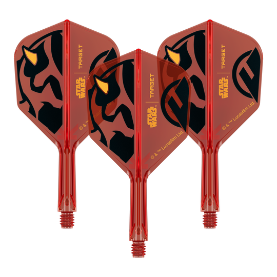 Target Star Wars K-Flex Darth Maul No6-vluchten Ein Set von Dartflights mit Star Wars Motiv, wie im Dateinamen '410520_Target_StarWars_KFlex_DarthMaul_No6_Flights_Short_19mm_1Set' angegeben. Das Bild zeigt mehrere Flights im Darth Maul Design.