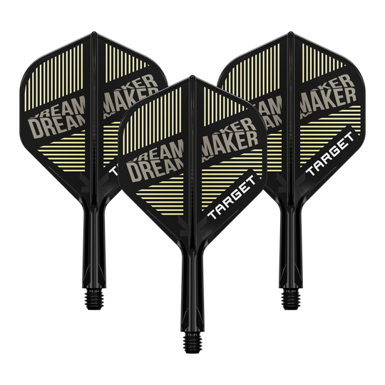 Target K-Flex Dimitri Van Den Bergh No2 Standaard Vluchtas Systeem Auf dem Bild sind drei schwarze Dartflights mit integriertem Schaft zu sehen. Auf den Flights steht „DREAM MAKER“ und „TARGET“ in weißen Buchstaben.