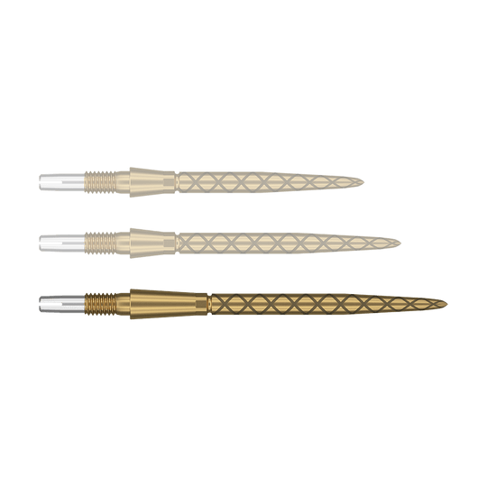 Target Swiss Storm Diamond Point Dartpunten - Goud Das Bild zeigt drei goldfarbene Dartspitzen mit einem rautenförmigen Muster. Die Enden der Spitzen sind silbern und haben ein Gewinde zum Befestigen.