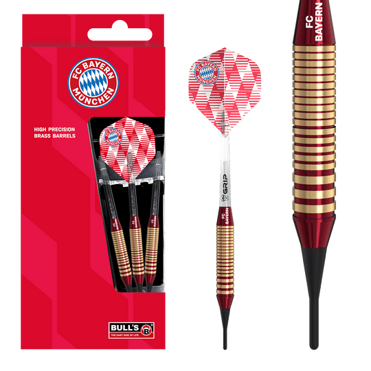 Bulls FC Bayern München messing softdarts - 18 g Das Bild zeigt die Bulls FC Bayern München Brass Softdarts mit einem Gewicht von 18g. Das Produkt ist speziell für Fans des FC Bayern München entworfen.