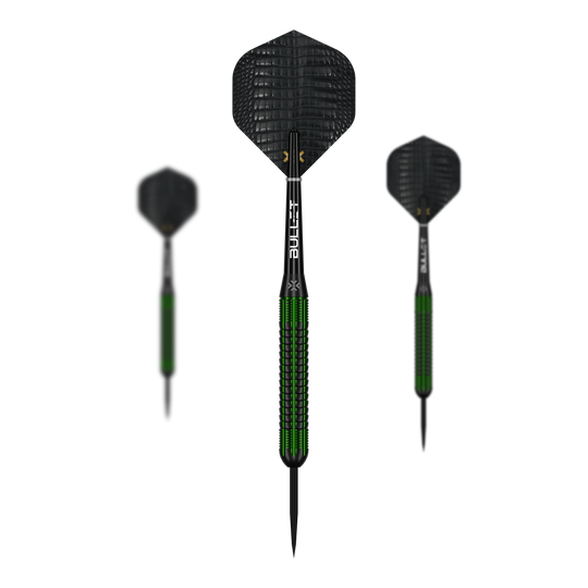 Bullet Gator Brass Steel Darts - 22g Auf dem Bild ist ein Set der Bullet Gator Brass Steeldarts - 22g zu sehen. Das Set enthält mehrere Darts mit je 22 Gramm Gewicht.