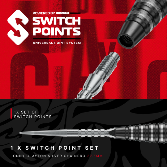 Red Dragon Jonny Clayton RD-PRO Switch Point stalen dartpijlen Das Bild präsentiert Red Dragon Jonny Clayton RD-PRO Switch Point Steeldarts. Die Dartpfeile sind geordnet auf einer hellen Fläche zu sehen.