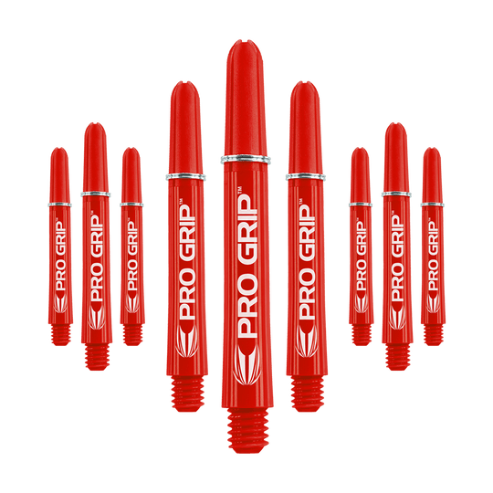 Target Pro Grip Shafts - 3 sets - Rood Das Bild zeigt mehrere rote Dartschäfte mit der Aufschrift "PRO GRIP". Die Schäfte sind in einer symmetrischen Anordnung dargestellt und heben sich deutlich vom Hintergrund ab.