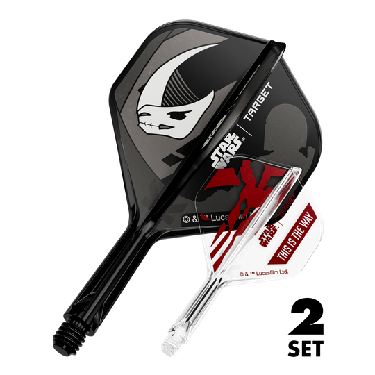 Target Star Wars K-Flex Set Mandalorian No2 Standaard Flights Zu sehen sind zwei Dart-Flights im Mandalorianer-Design aus Star Wars. Dies ist das Set 'K-Flex Mandalorian 2PackSet No2 Standard Flights' mit 19mm.