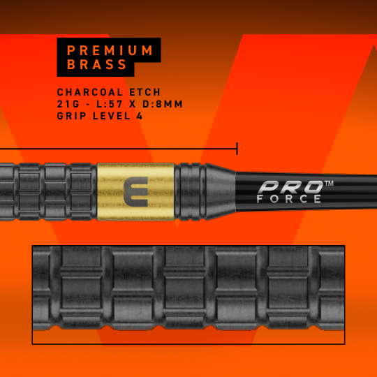 Winmau Gian Van Veen Core Messing Steeldarts - 21g Dieses Bild zeigt Winmau Gian Van Veen Core Brass Steeldarts mit einem Gewicht von 21 Gramm. Die Steeldarts werden aus einer nahen Perspektive fotografiert.