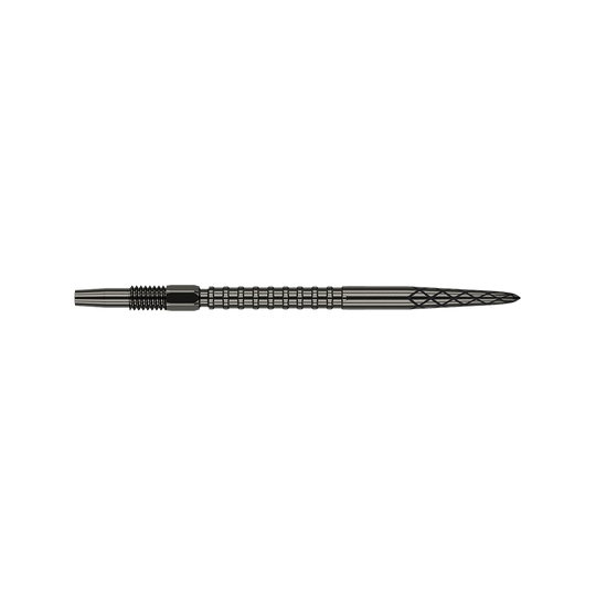 Das Bild zeigt eine schwarze Dartspitze mit geriffelten und eingekerbten Mustern. Die Spitze ist 35 mm lang und hat ein elegantes, technisches Design.