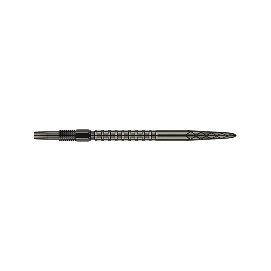 Target Swiss DS Surge Point dartpunten - Zwart Das Bild zeigt eine schwarze Dartspitze mit geriffelten und eingekerbten Mustern. Die Spitze ist 35 mm lang und hat ein elegantes, technisches Design.