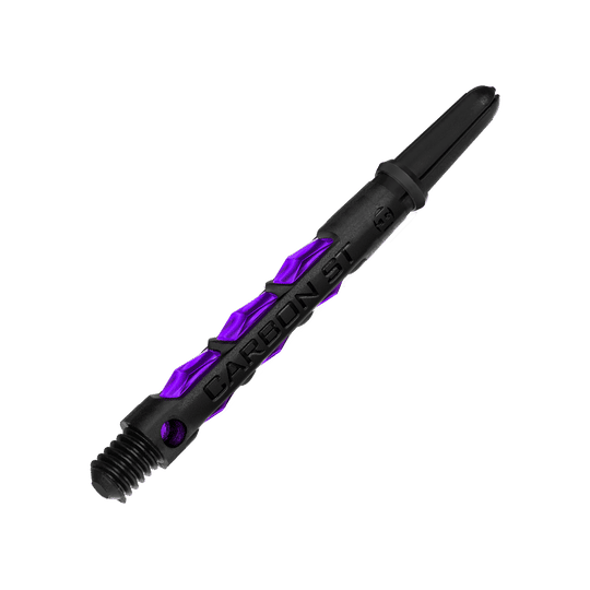 Das Bild zeigt einen Harrows Carbon ST Shaft in der Farbe Lila. Der Schaft ist schwarz mit auffälligen lila Akzenten gestaltet.